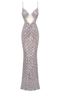 Crystal Bustier Sequin Maxi Dress Silver