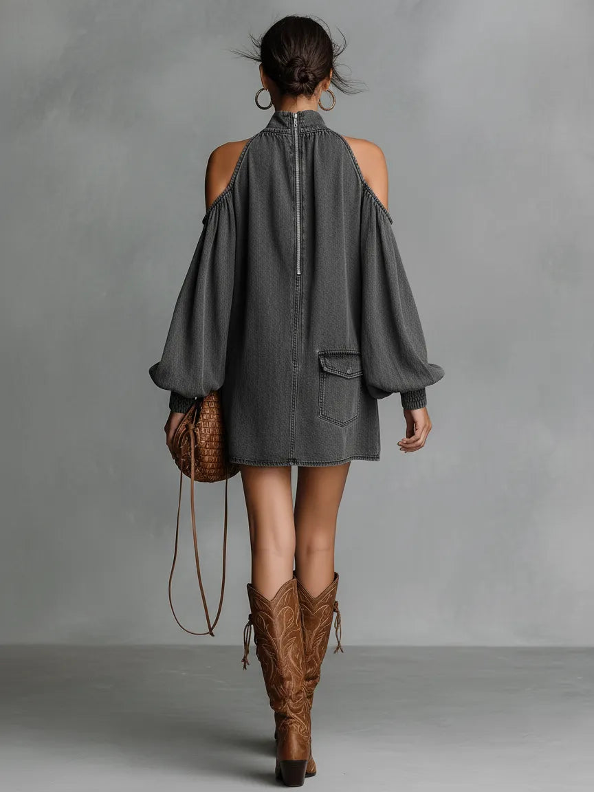 Women's Minimalist Washed Denim Off-the-shoulder Mini Dress MDA1791L3Y