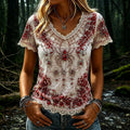 Women's Vintage Spider Art V-neck Short Sleeve Linen Blend T-shirt