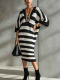 Black And White Striped Knit Midi Dress With V-Neck And Half Sleeves