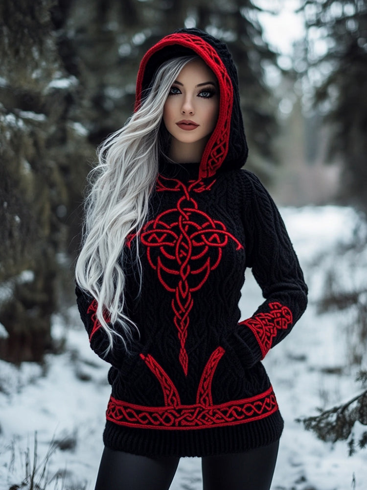 Women's Viking Celtic Jacquard Cozy Knit Hooded Sweater