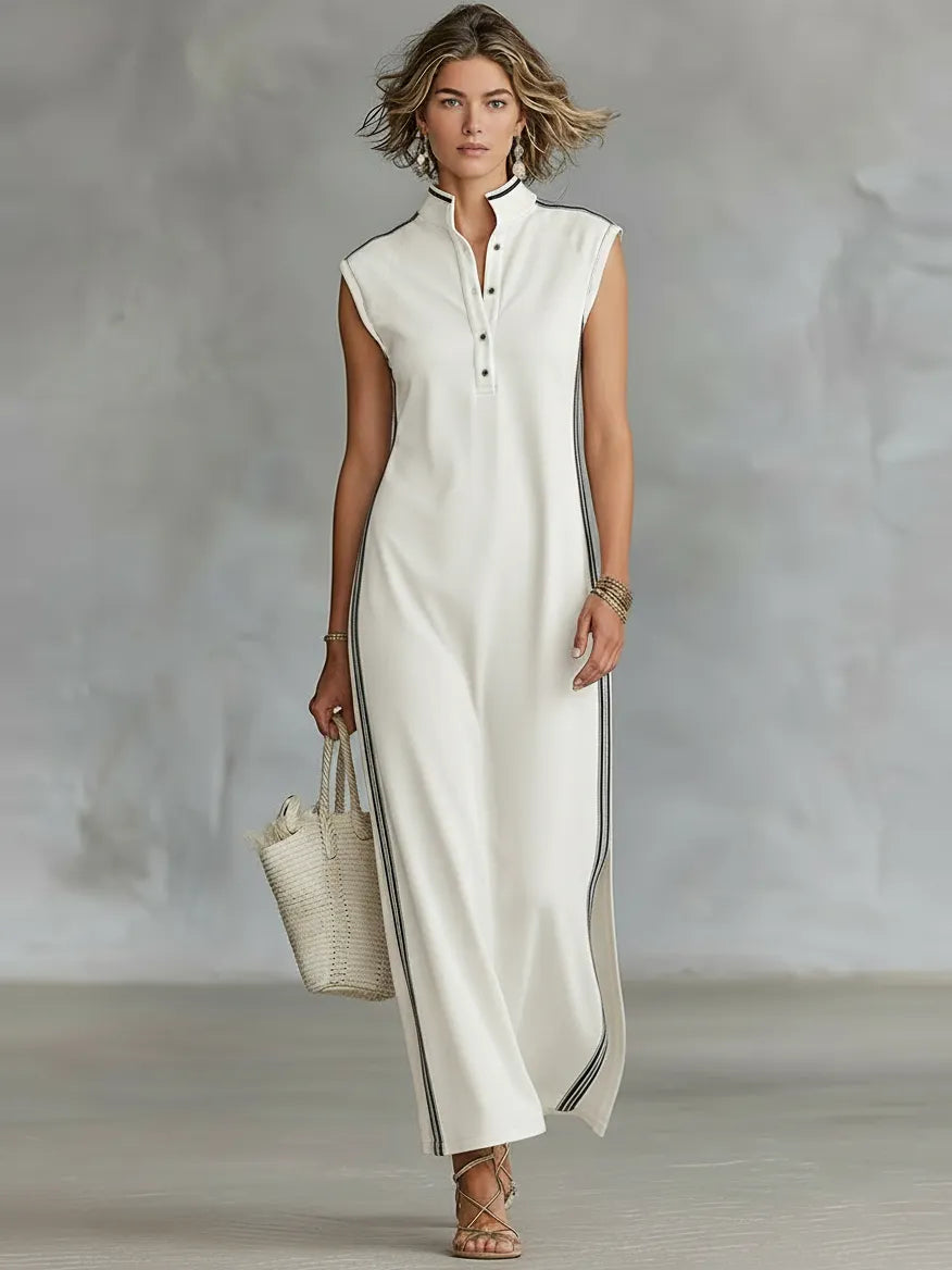 Women's Minimalist Athletic-Style Sleeveless Henley Maxi Dress MDZ1960C6Y