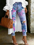 Women's Fashion Marine Life Prints High-waisted Ripped Skinny Jeans