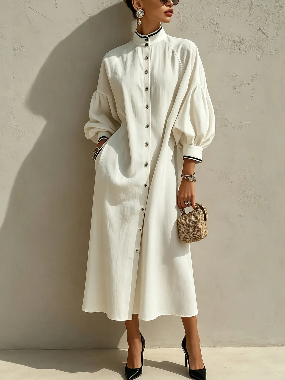 Ivory Contrast-Trim Lantern Sleeve Button-Front Midi Dress