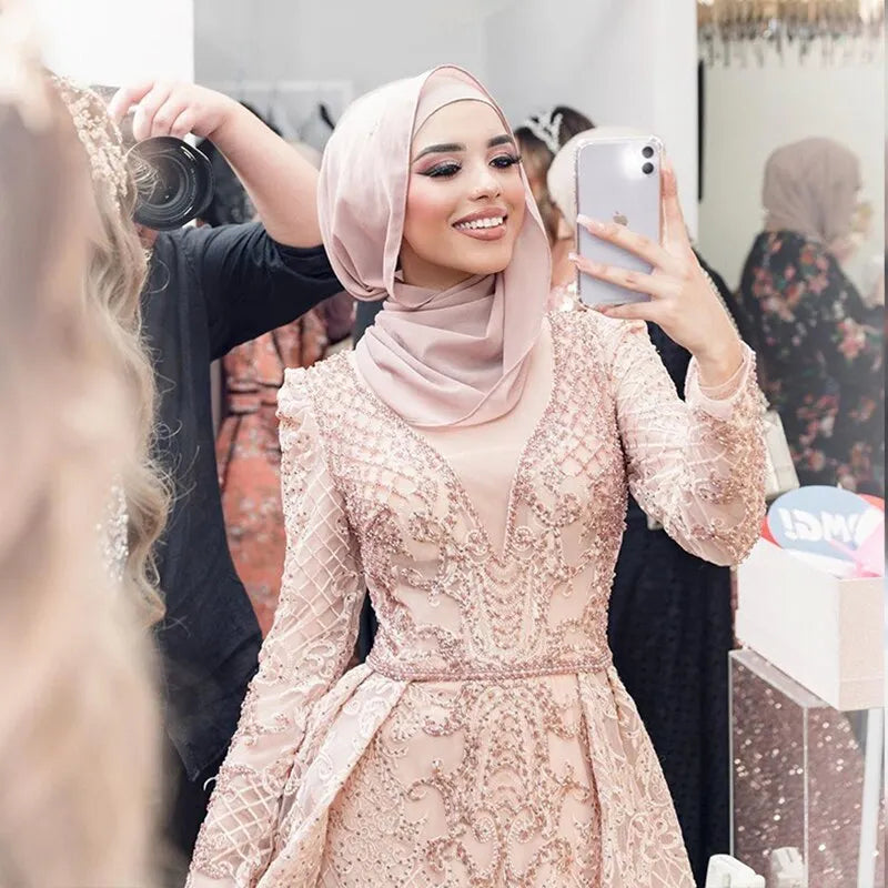 Dreamy Vow Luxury Pink Overskirt Arabic Muslim Dubai Evening Dress for Women Wedding Party Plus Size Blue Formal Gowns 062