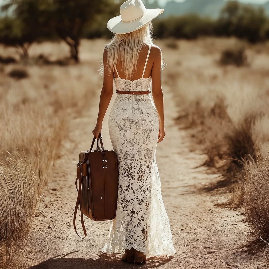 White Lace Western-Boho Maxi Dress with High Slit