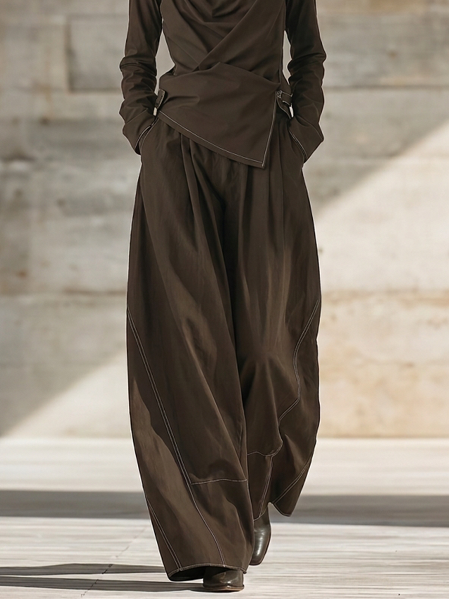 Women's Dark Brown Cotton Blend Two Piece Matching Set With Draped Cowl Wrap Top & Contrast Stitch Wide Leg Trousers, Avant-Garde Minimalist Streetwear Outfit MDZ2036G0LYL