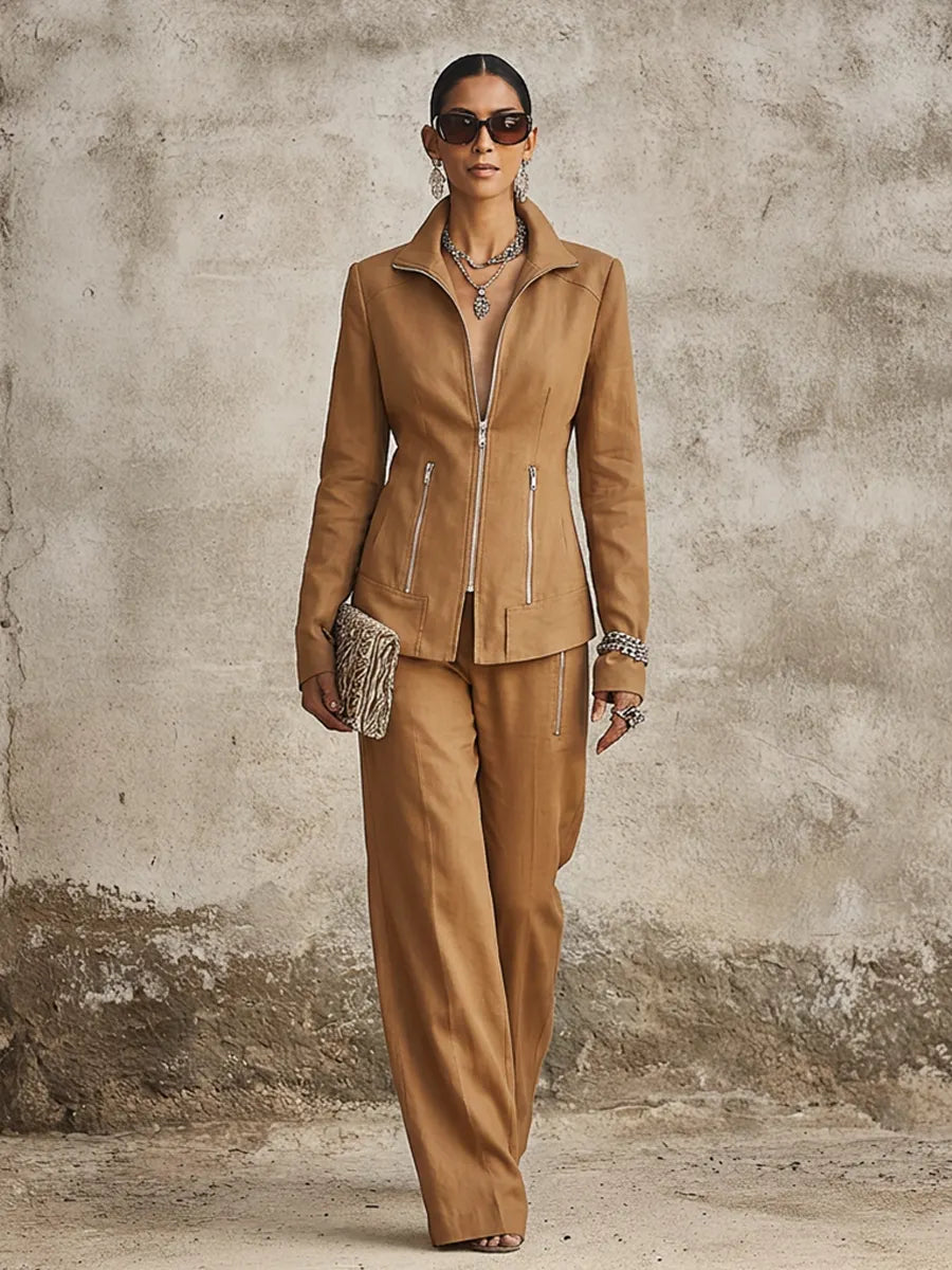 Women's Casual Brown Cotton-Blend Jacket With Stand Collar And Zip Pockets MDZ1787G7GMJ