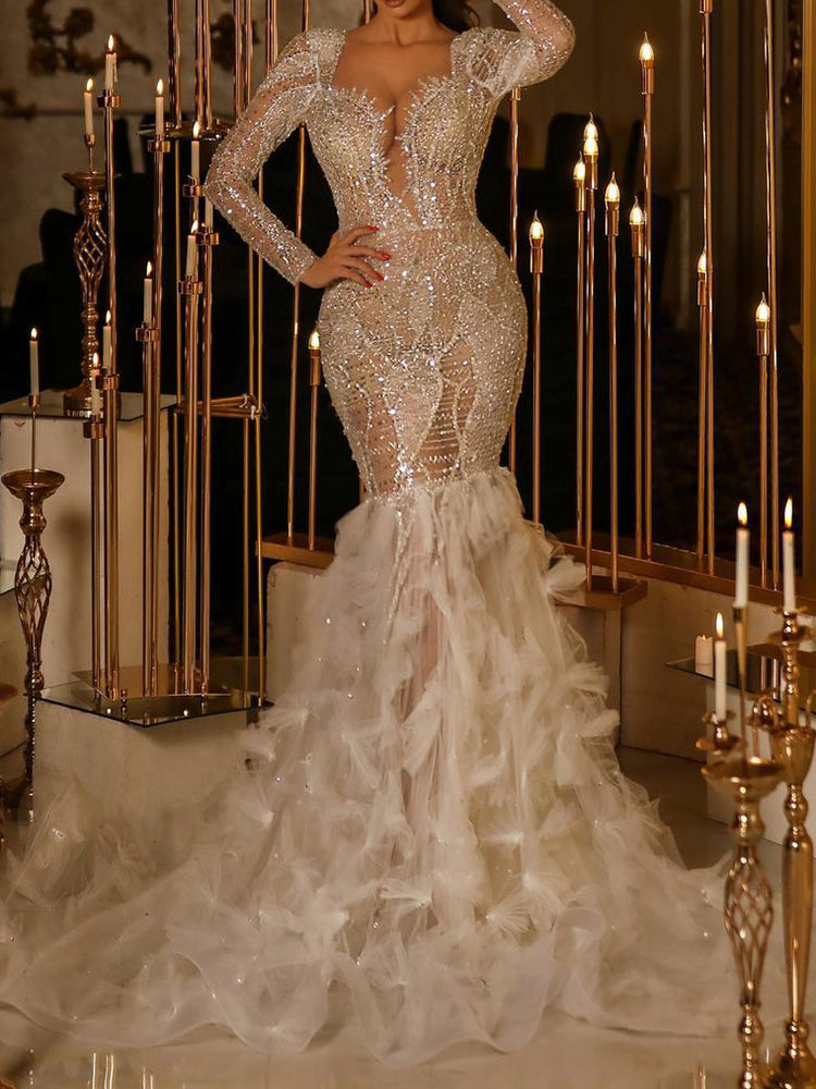Square-Neck See-Through Feathers Shiny Wedding Mermaid Maxi Dress