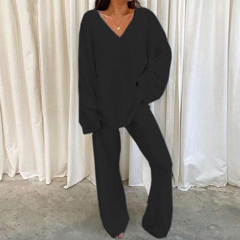 Comfortable Solid Color V-neck Daily  Two-piece Set
