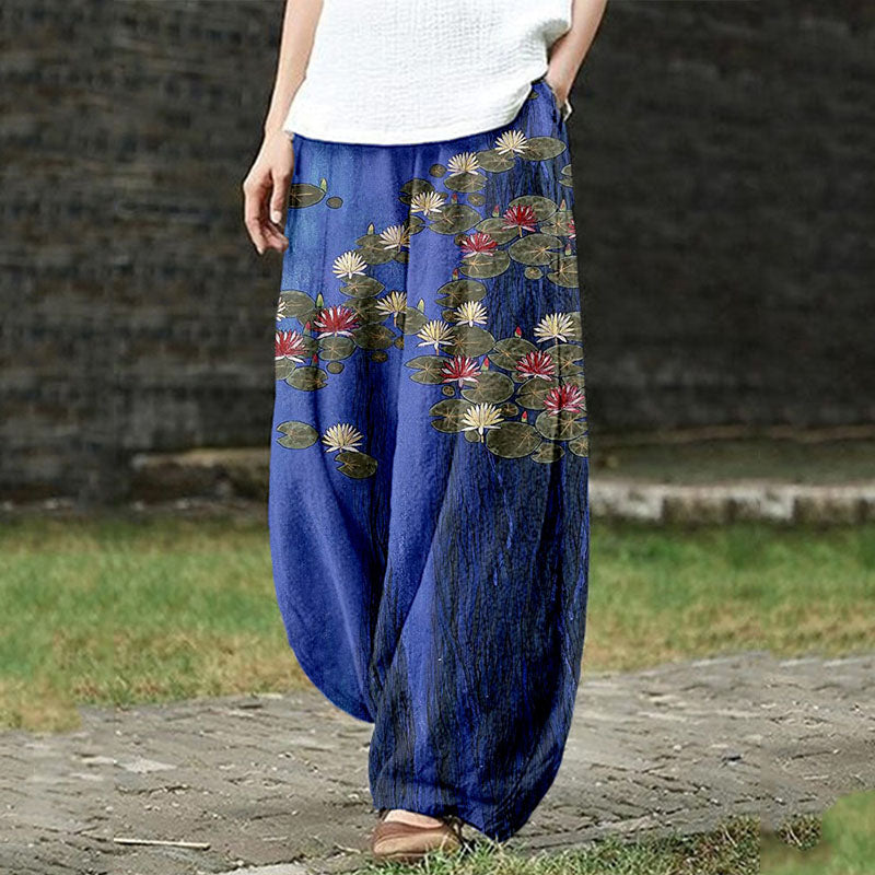 Vintage Water Lily Japanese Art Linen Blend Cozy Pants