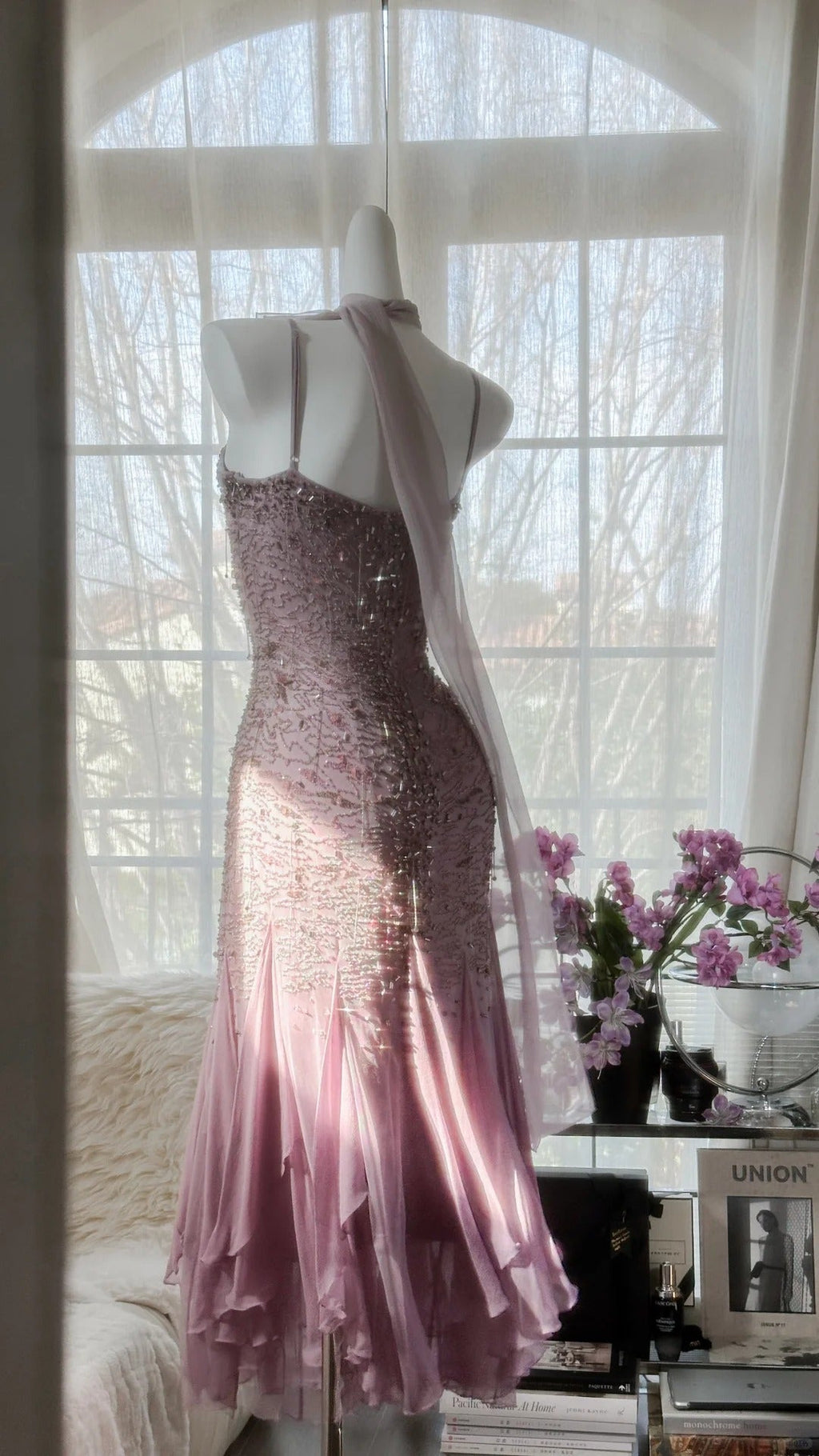 Pink Purple Elegant Romantic Exquisite Beaded Long Chiffon Ball Gown Evening Dress Birthday/Wedding Guest/Holiday Party Dress Prom Dress