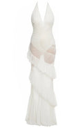 Halter Ruched Ruffle Maxi Dress White