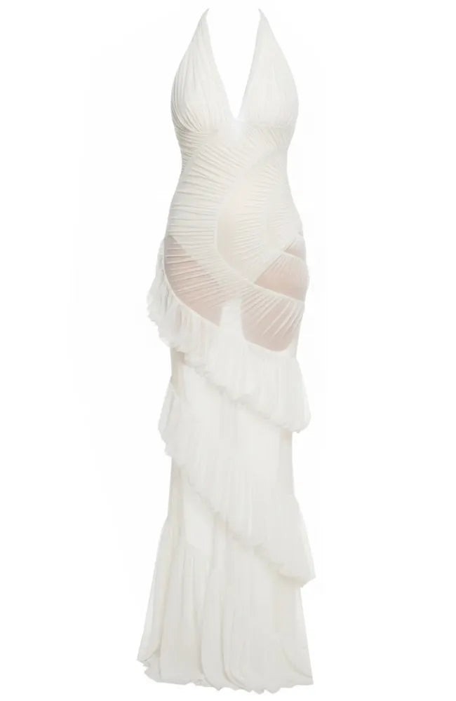 Halter Ruched Ruffle Maxi Dress White