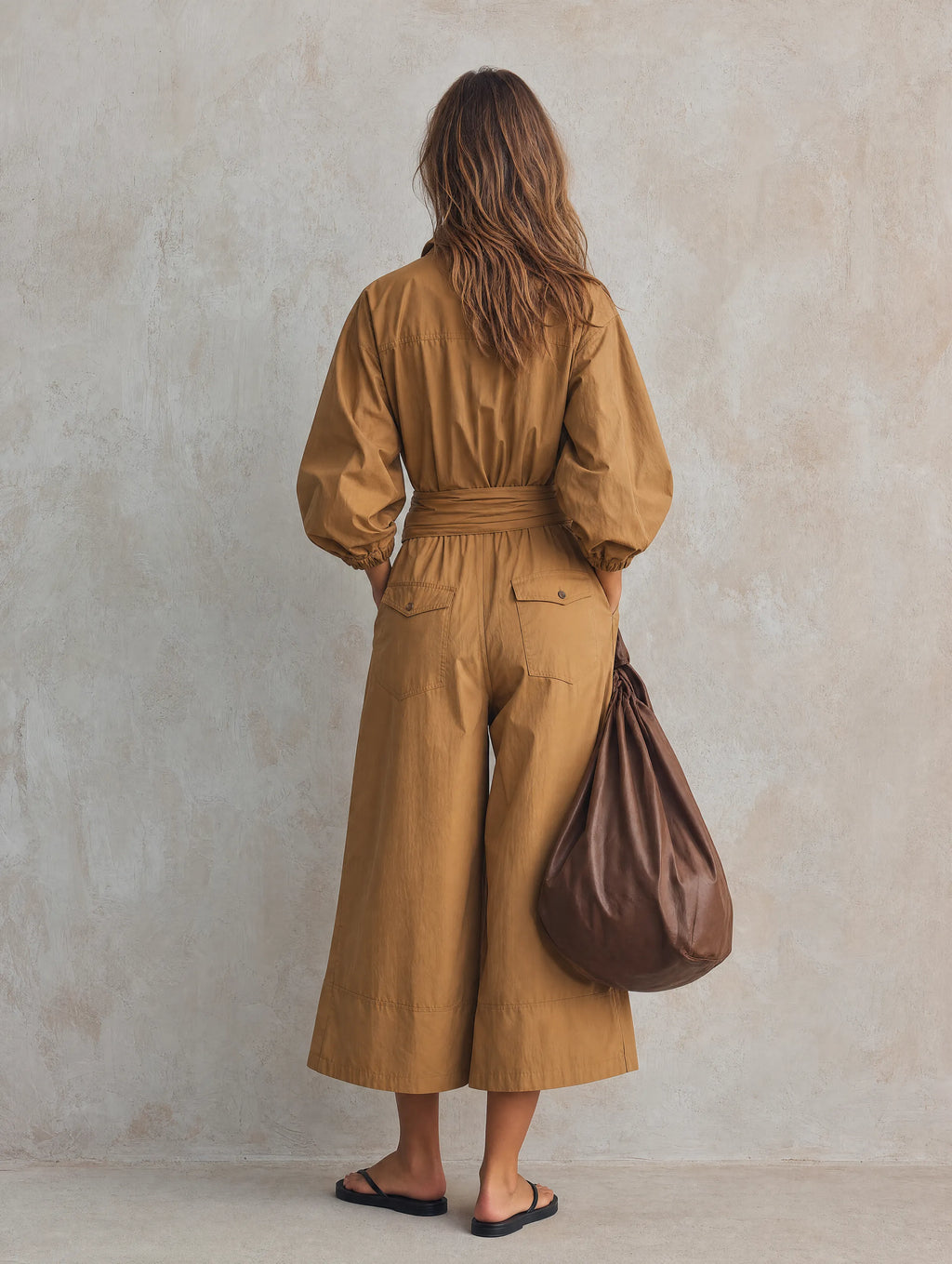 Women's Casual Khaki Woven Long-sleeve Cropped Jumpsuit MDZ0967G1LXY