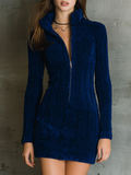 Navy Blue Plush Front Zipper Slim-fit Mini Dress