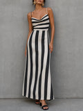 Women's Minimalist Striped Print Spaghetti Strap Cowl Neck Maxi Dress MDZ3099F8WY