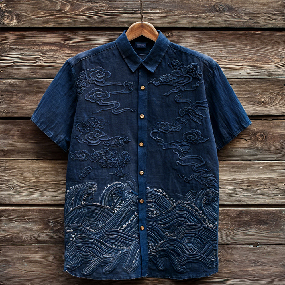 Vintage Ocean Waves Art Short Sleeve Linen Shirt