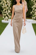 Wedding Guest Dress Khaki Crew Neck Maxi Dress