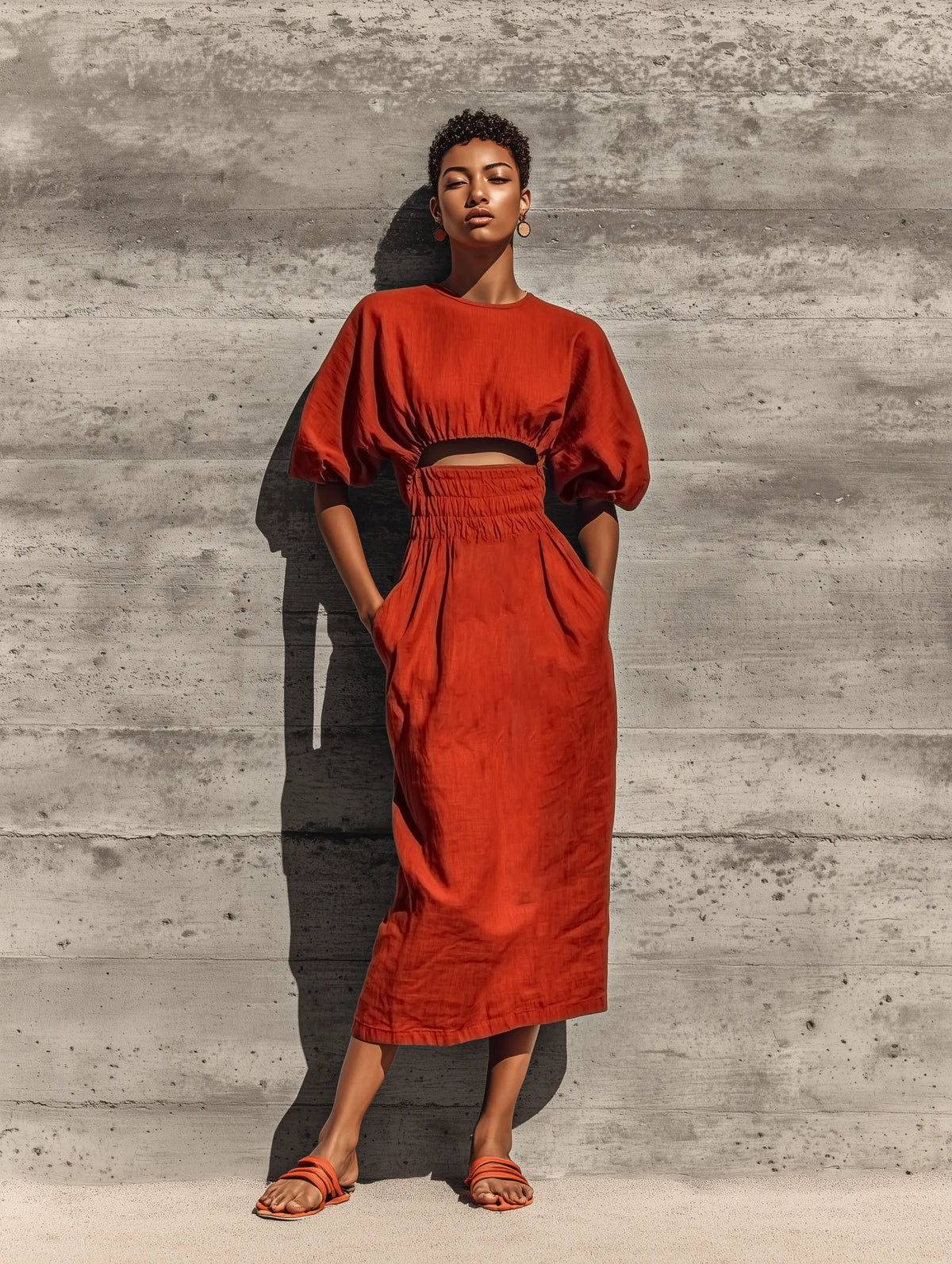 Women’s Rust Linen Blend Round Neck Puff Short Sleeve Midriff Cutout Smocked Waist Side Pocket Midi Dress MDZ0678G9YZJ