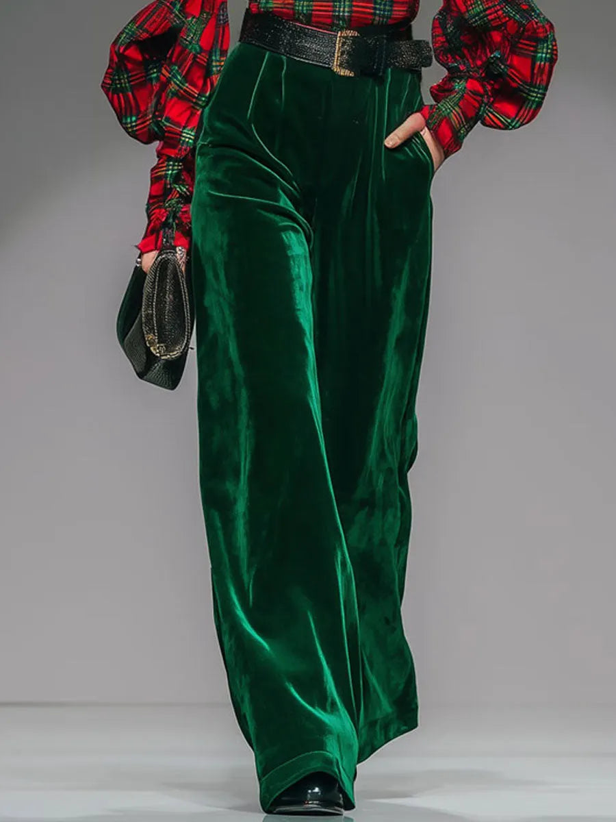 Trendy Retro Plaid Velvet Turtleneck Long-sleeved T-shirt And Wide-leg Pants Set