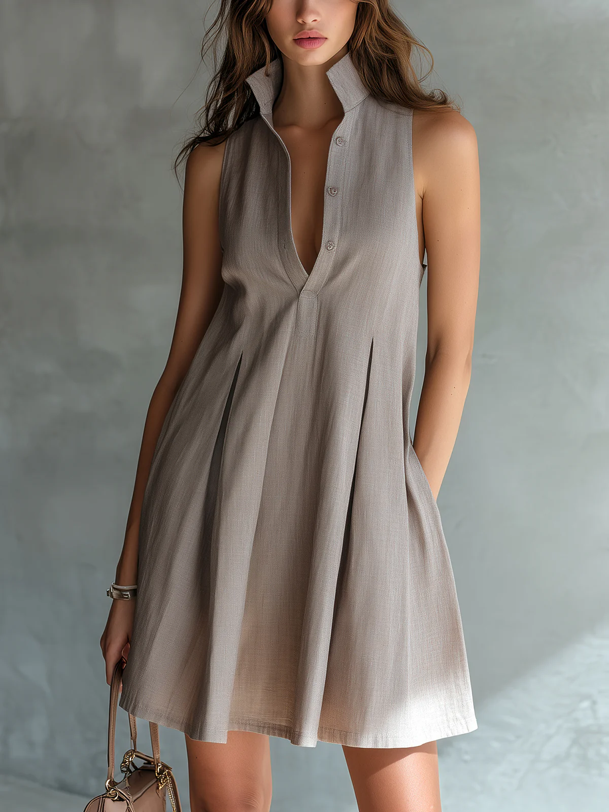 Grey Stand-up Collar Sleeveless Pleated Shirt A-line Mini Dress