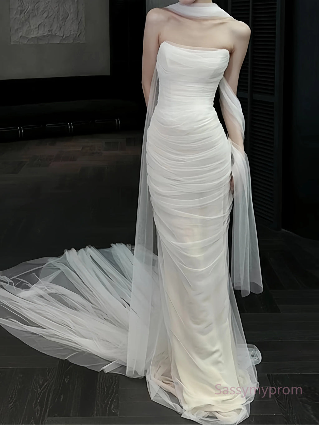 Ruched Trumpet Mermaid Simple Tulle Strapeless Wedding Dress