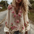 Women's Vintage Rose Floral Embroidery Art Comfy Linen Shirts