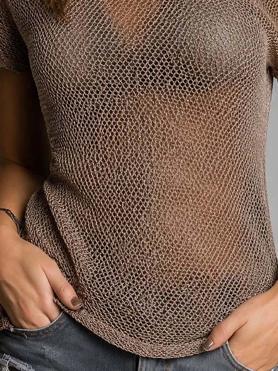 Mocha Mesh Knit Asymmetrical Off-Shoulder Top