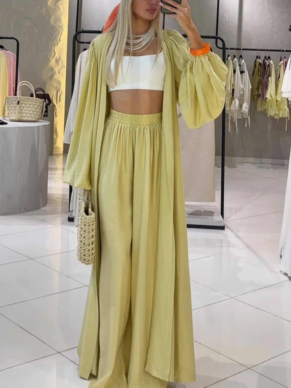 Unique Pleated Lantern Sleeve Cardigan-Style Long Top