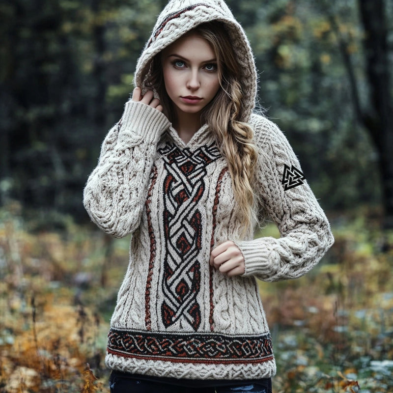 Viking Valknut Embroidered Retro Jacquard Cozy Hooded Sweater