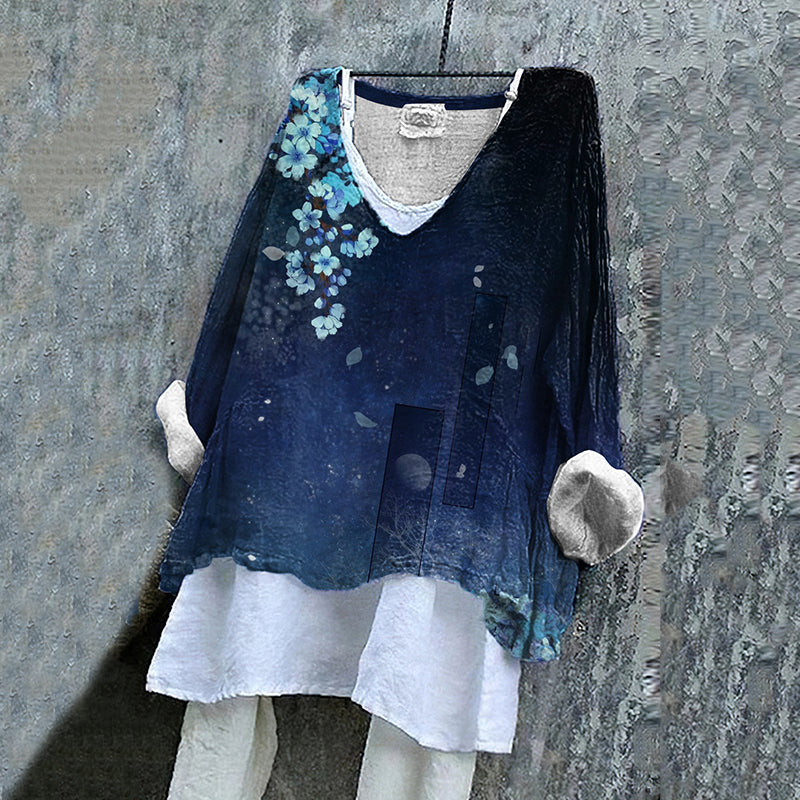 Japanese Floral Art V-neck Cotton And Linen Shirt