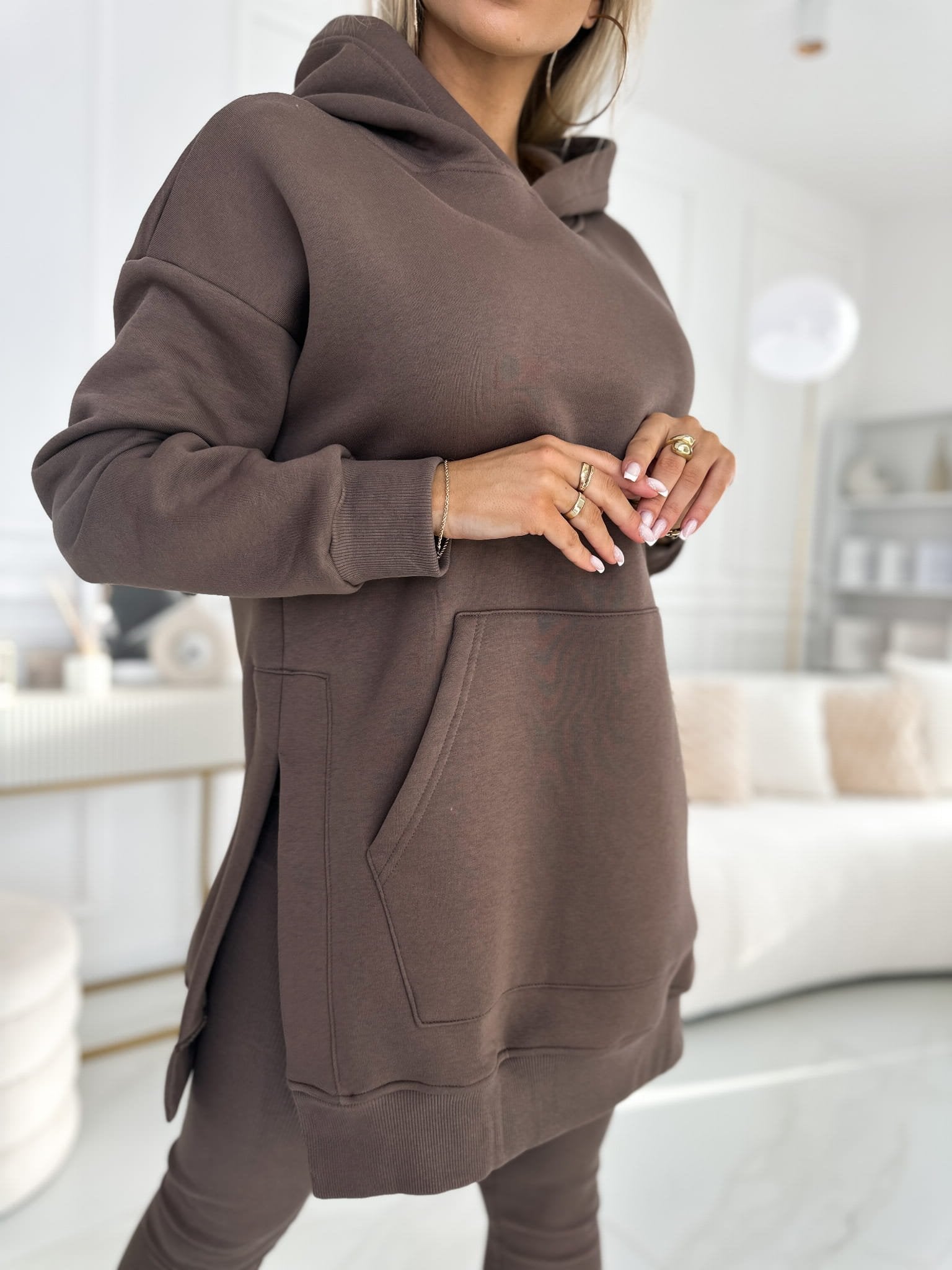 Fashion Solid Color Hoodie and Lined Leggings Two-piece Set