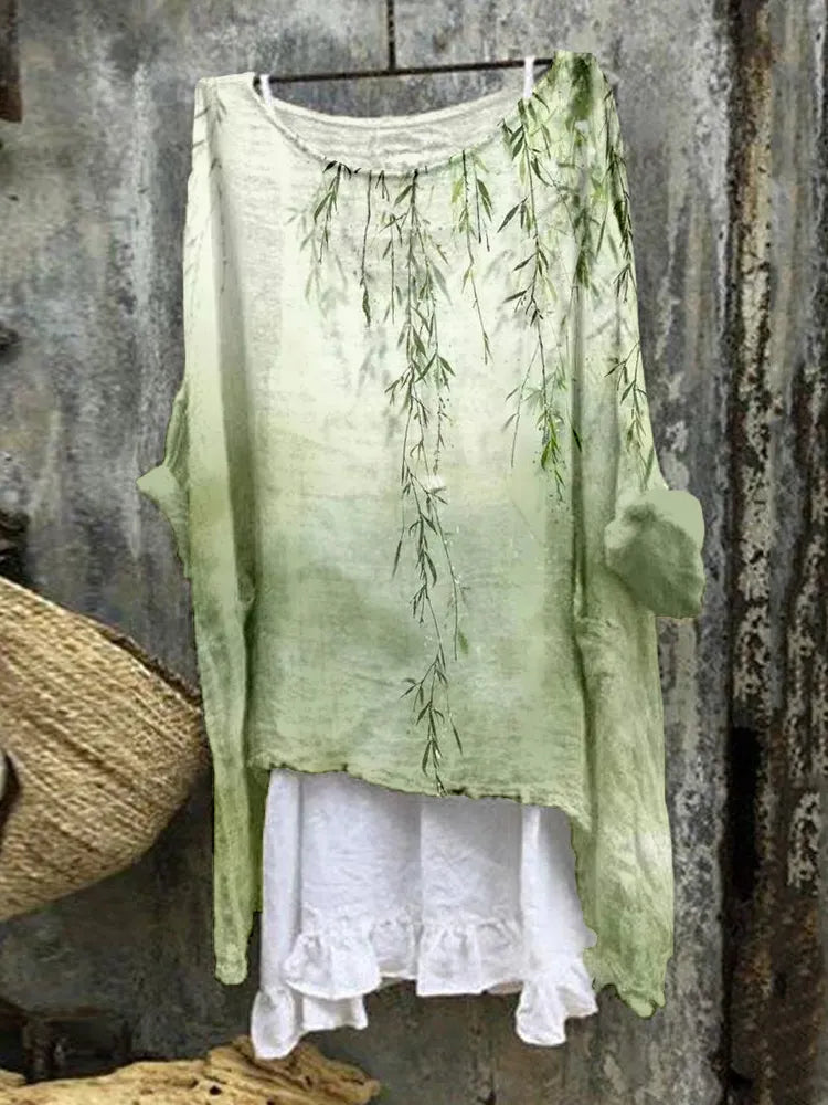 Bamboo Art Pattern Linen Blend Flowy Tunic