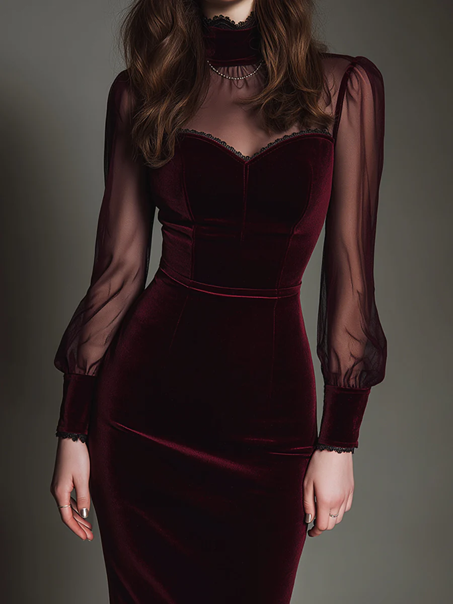 Burgundy Velvet Patchwork Sweetheart Neck Mesh Pencil Midi Dress
