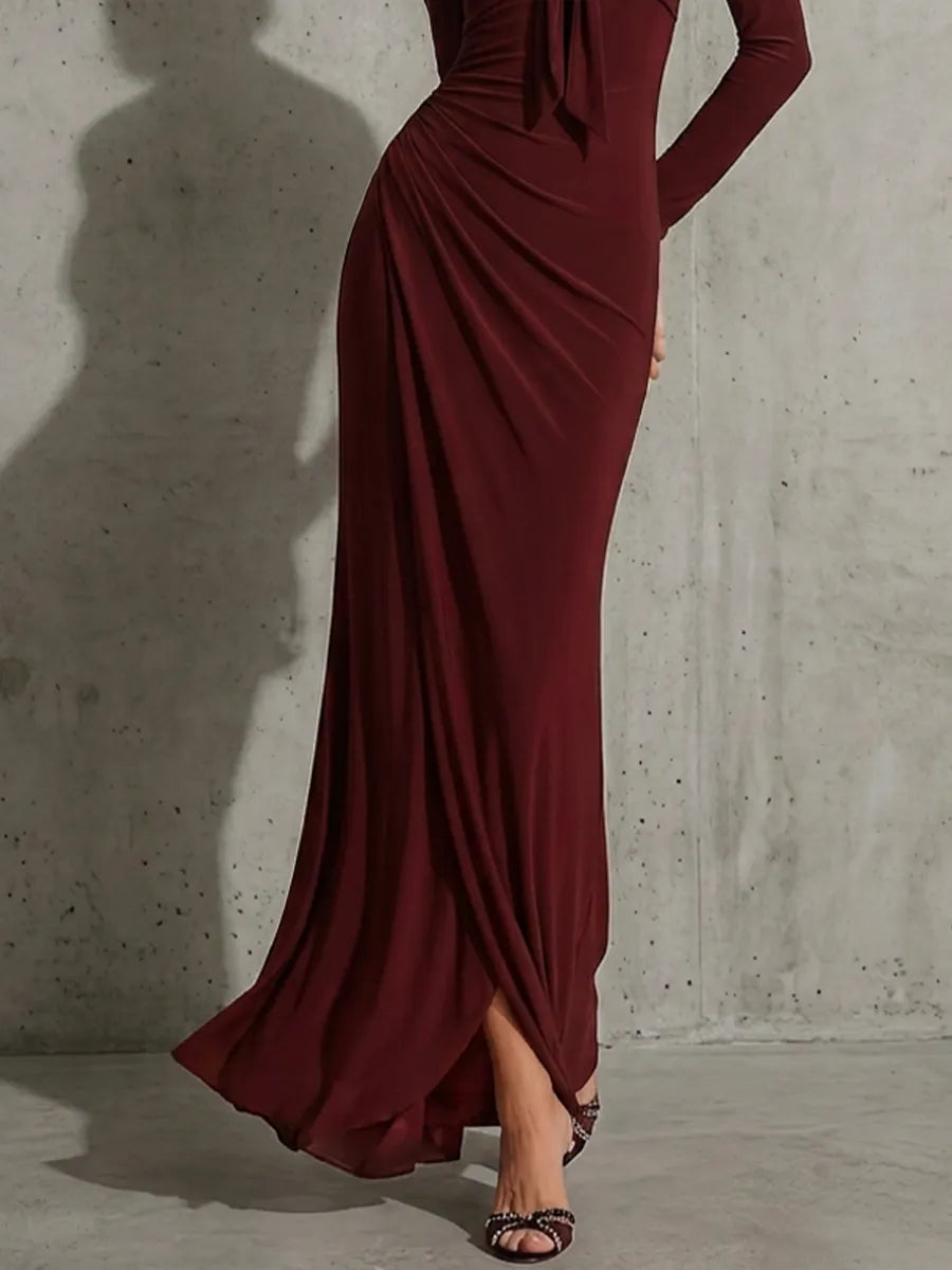Women's Burgundy Soft Jersey Maxi Dress With Front Tie V Neck & Draped Wrap Skirt, Sexy Bodycon Evening Floor Length Gown MDZ1544G2LYL