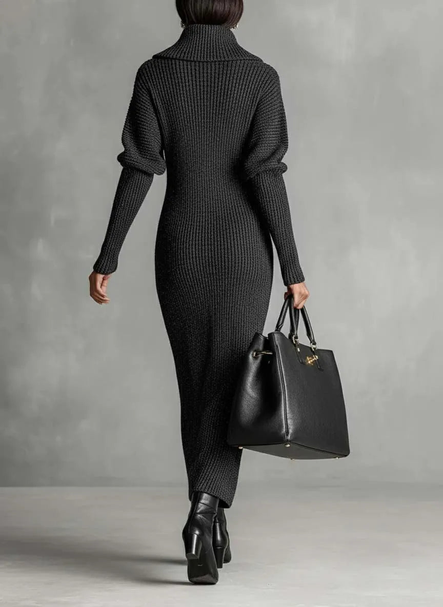 Women's Minimalist Solid Color Zipper Neck Knitted Maxi Dress MDA1633J4Y