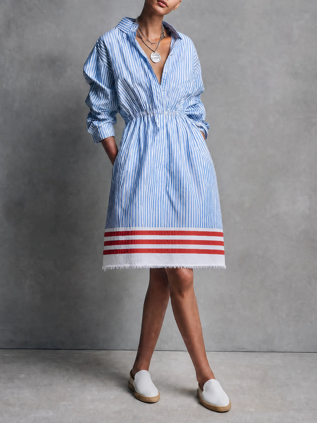 Women's Minimalist Striped Single-Breasted Long-Sleeve Midi Dress With Elastic Waist And Raw Hem MDZ0848G1WY