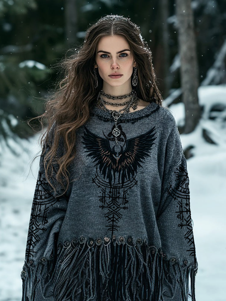 Women's Tribal Viking Runes Bird Graphics Embroidery Tassel Art Knit Sweater