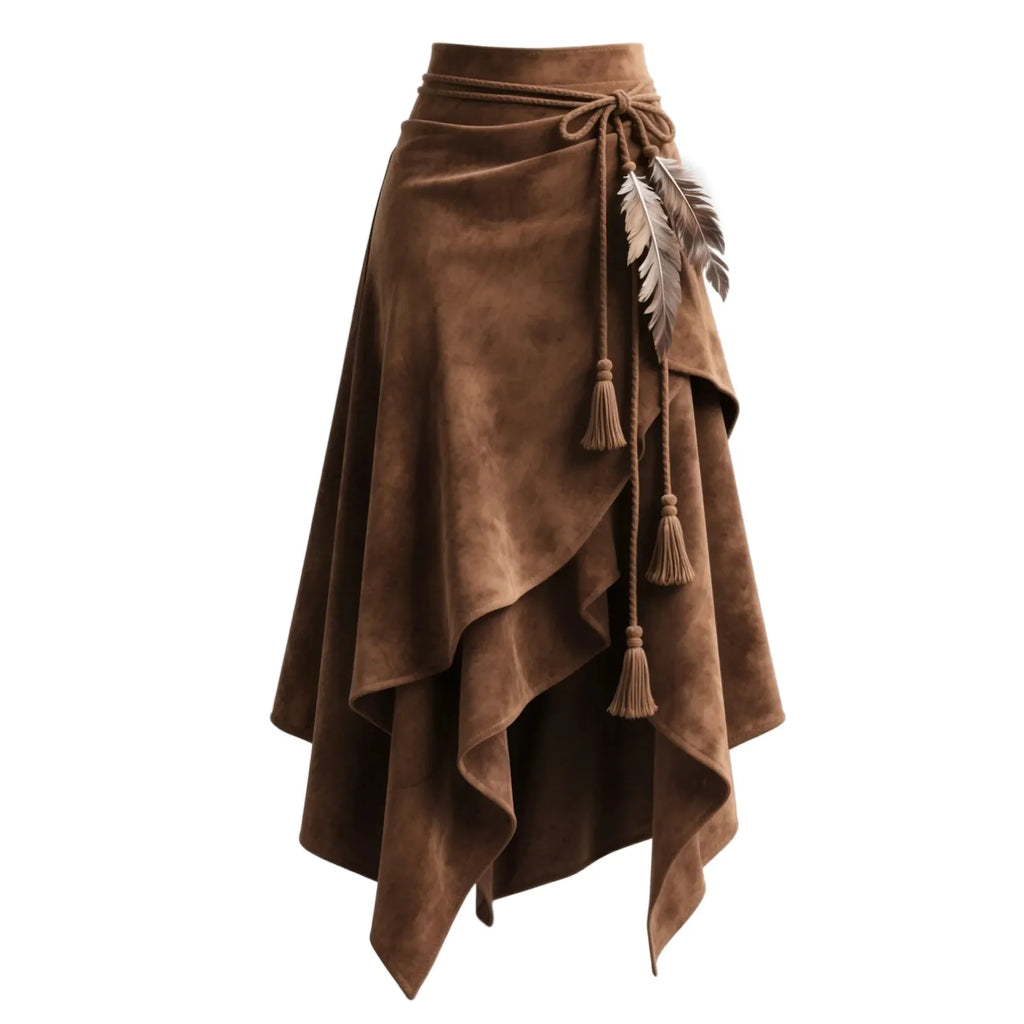 Brown Asymmetric Suede Wrap Skirt
