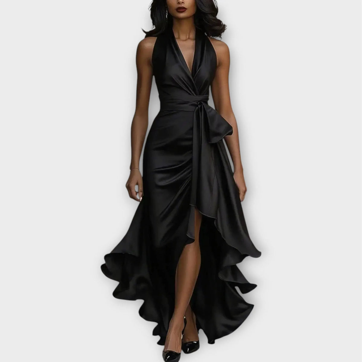 Satin Halter Gown with Draped Waist Tie