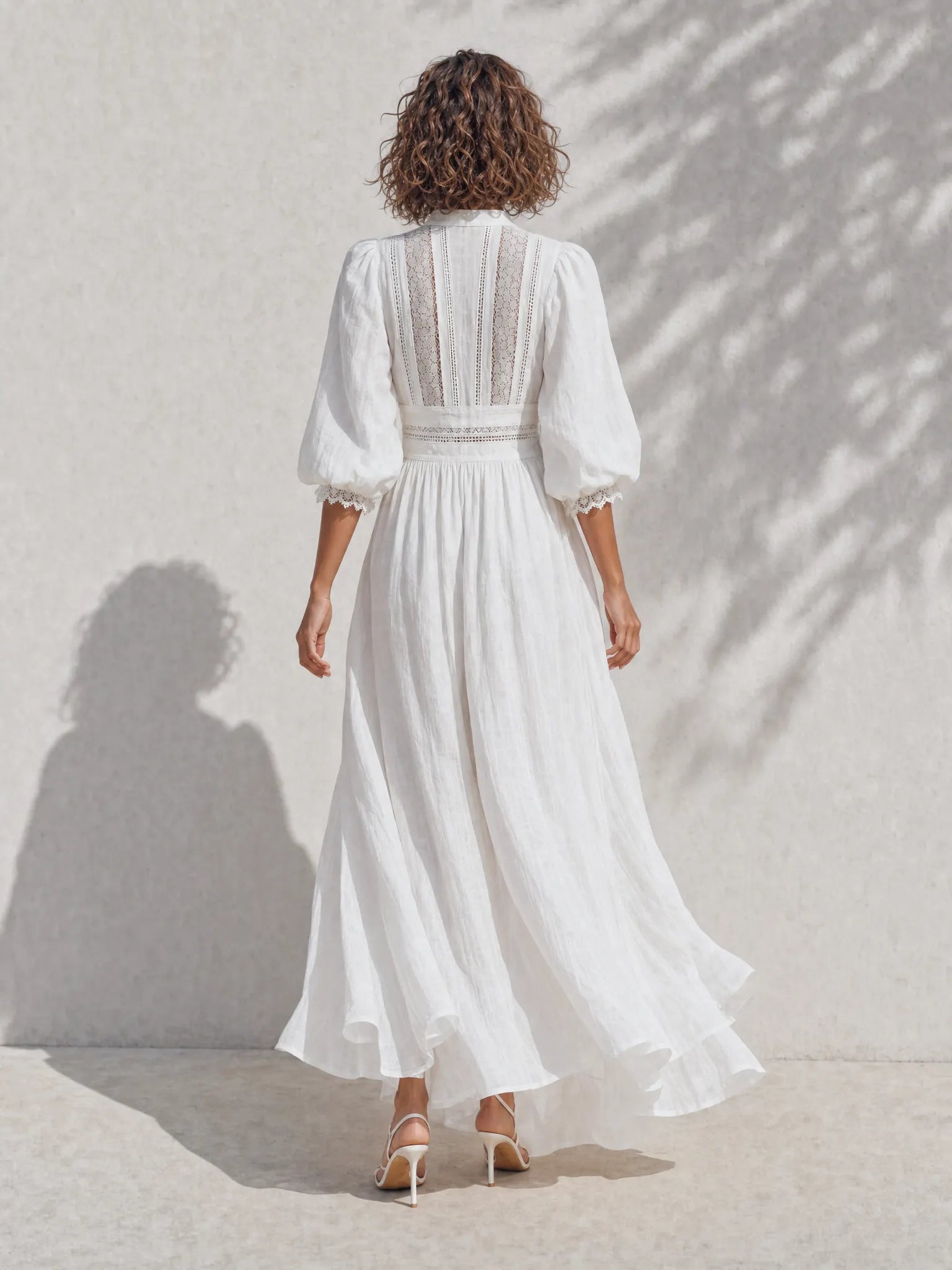 Women's Resort-Style White Stand-Collar Bishop-Sleeve Lace-Cutout-Paneled Cinched-Waist Linen Maxi Dress MDZ1502G4CMX