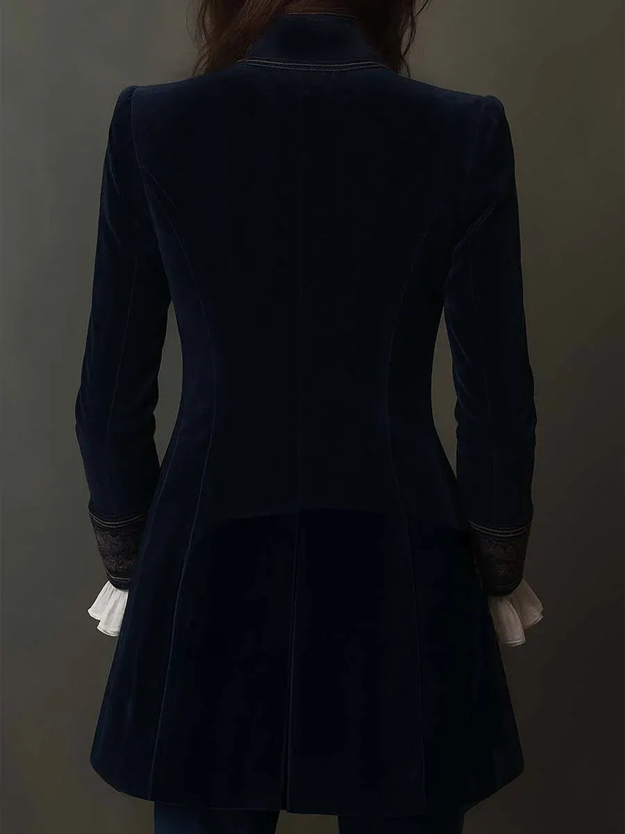 Vintage Navy Polyester Velvet Embroidered Long Jacket