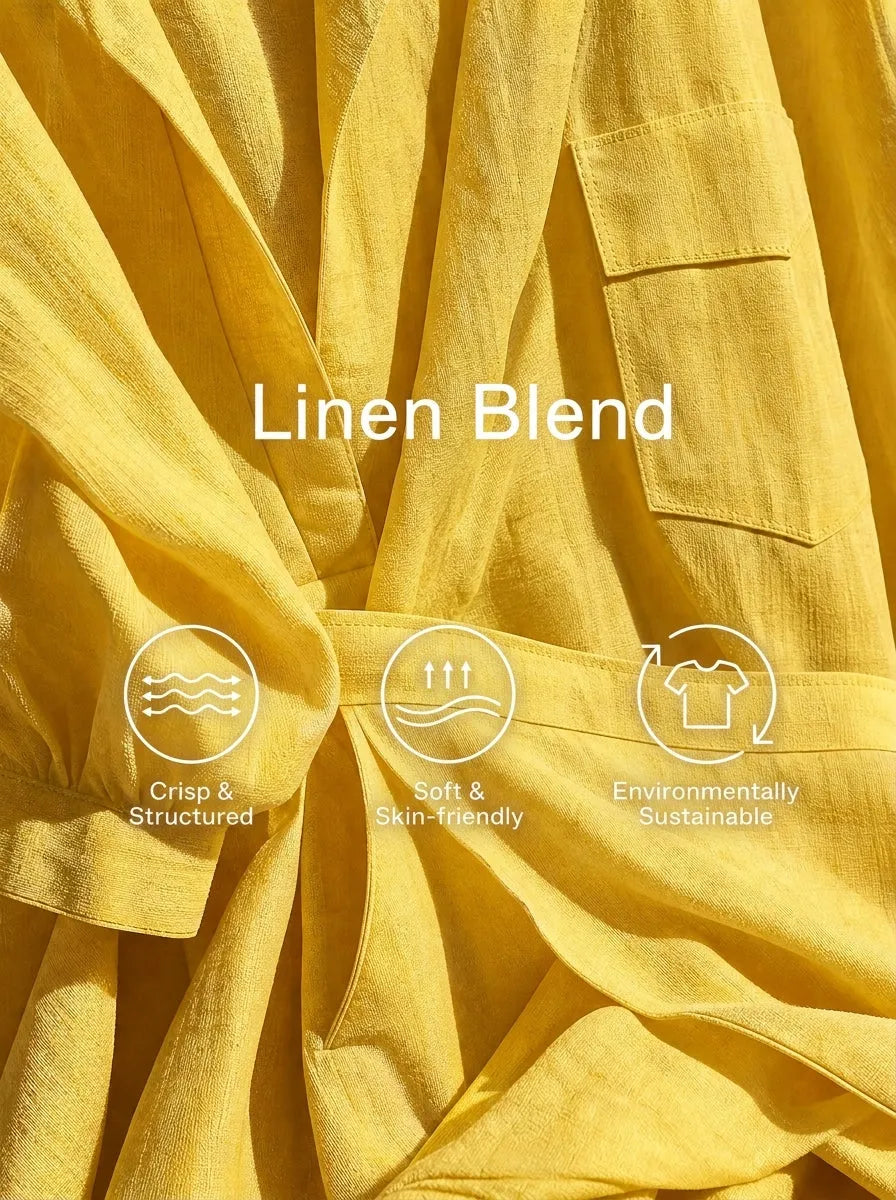 Women's Bright Yellow Linen Blend Shirt Maxi Dress With Lapel Half Button Placket & Puff Three Quarter Sleeves, Casual Resort Loose Floor Length Shirt Dress MDZ2041G4LYL