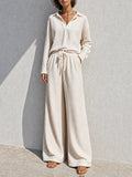 Women's Casual Relaxed Cream Collared Long-Sleeve Diamond-Textured Knit Top & Belted Wide-Leg Pants Set MDZ1315G2CMX
