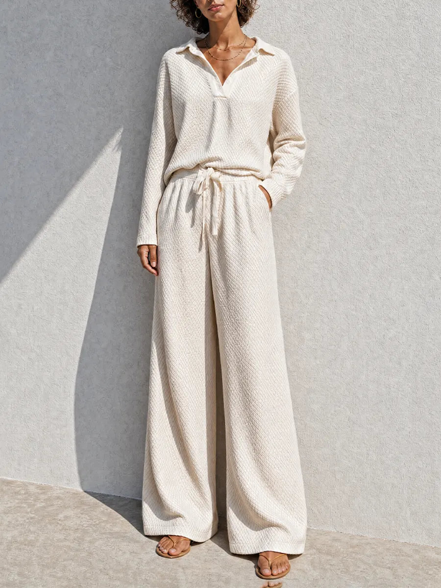 Women's Casual Relaxed Cream Collared Long-Sleeve Diamond-Textured Knit Top & Belted Wide-Leg Pants Set MDZ1315G2CMX