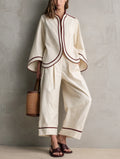 Women's Casual Beige Woven Long-sleeve Jacket And Trousers Set MDZ0748G9LXY
