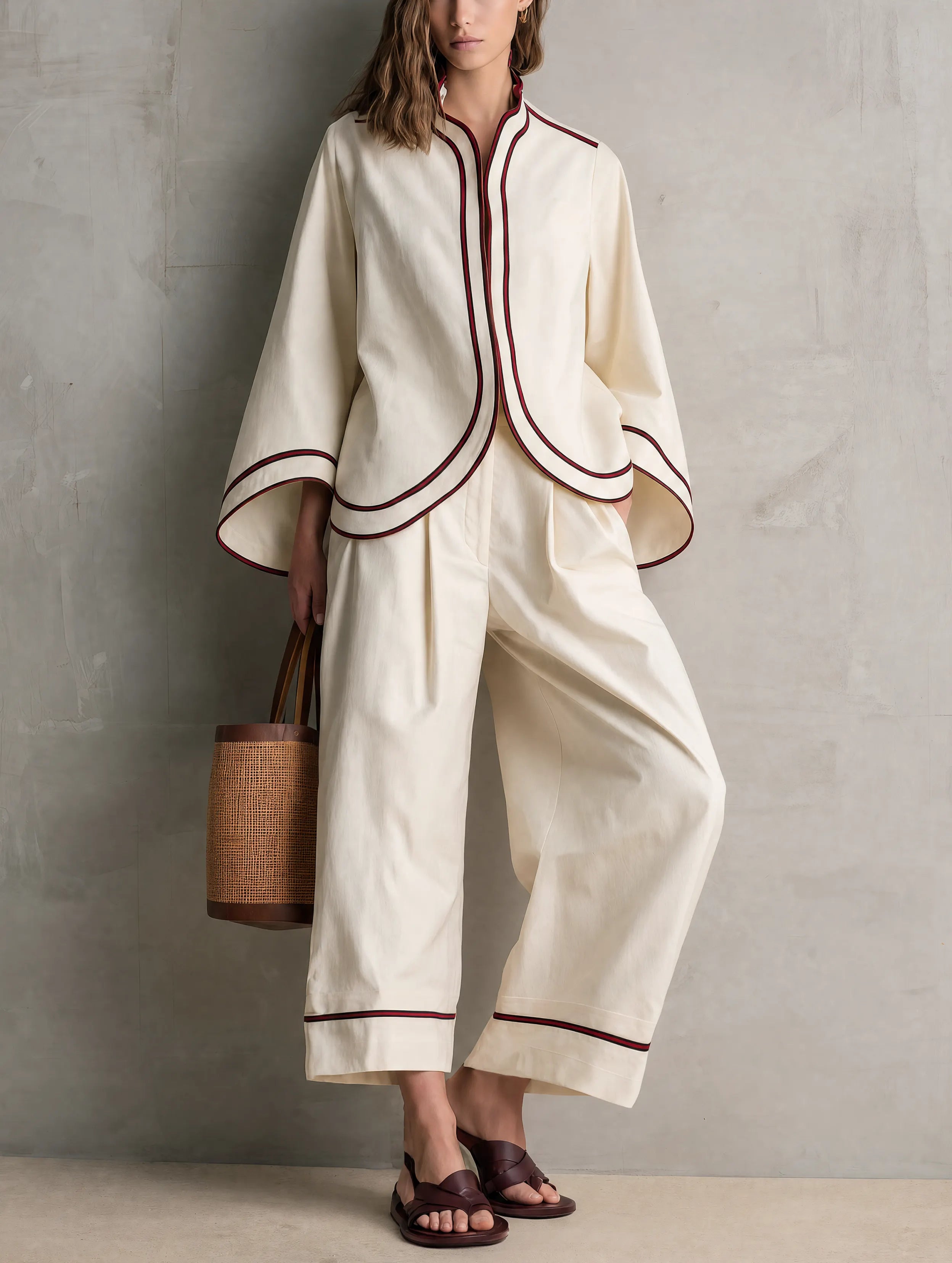 Women's Casual Beige Woven Long-sleeve Jacket And Trousers Set MDZ0748G9LXY