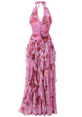 Halter Floral Ruffle Maxi Dress Pink