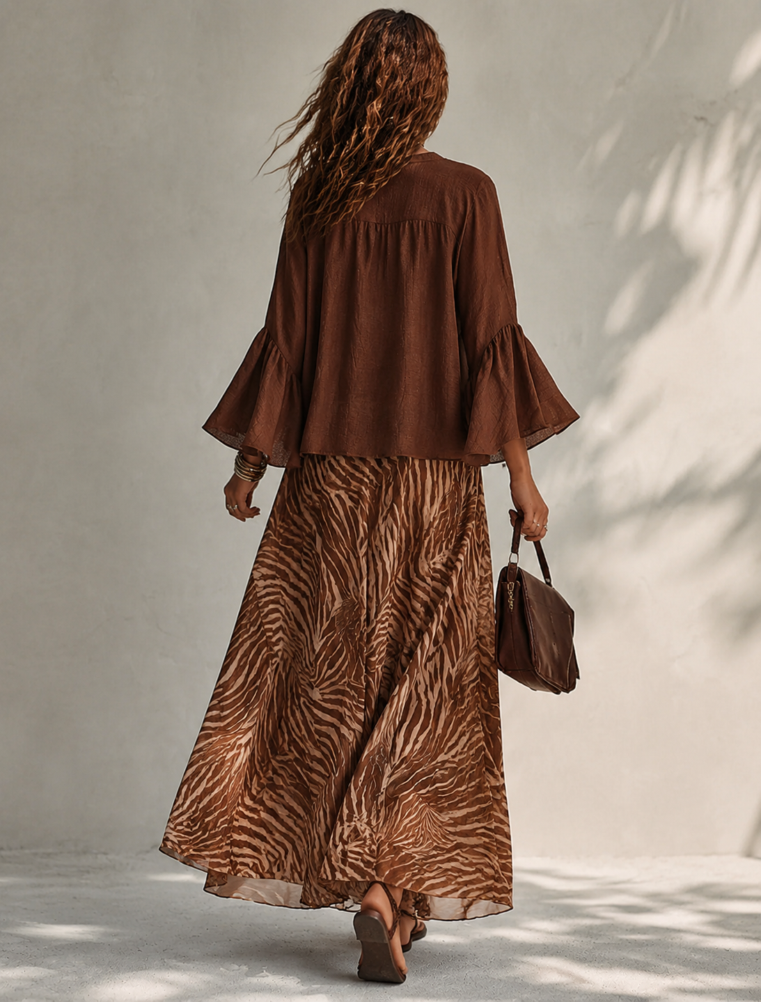 Women's Solid Brown Linen-Blend V-Neck Flared-Sleeve Loose Bohemian Top MDZ0925G6ZRK